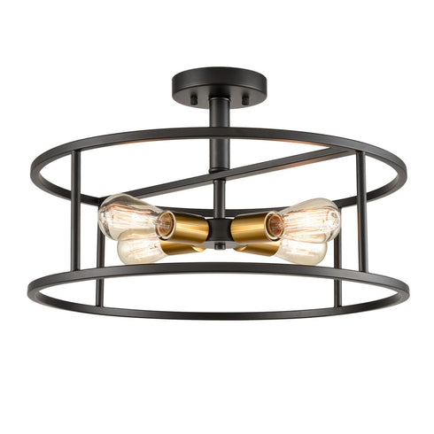 Industrial Black Metal Drum Cage Semi Flush Ceiling Light
